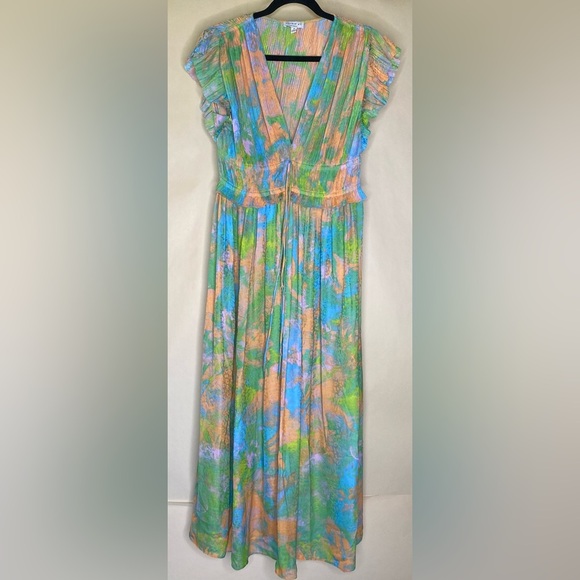 Current Air Anthropologie Pleated Dress Green Flutter Sleeve Abstract Sz M - Picture 1 of 9